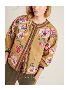 Anthropologie Floral Bomber Jacket - Tan with Pink Roses